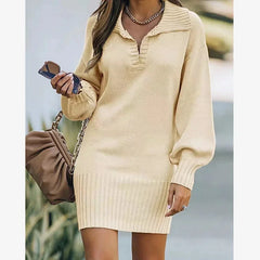 Cyflymder  Women Lapel Lantern Sleeve Knitted Dresses Autumn Winter Solid Color Dress Elegant Daily Casual Gown Female Office Commuter Wear