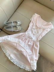 Cyflymder  Woman Dress Lace Patchwork Bow Preppy Style Sleeveless Spring Summer Sweet Elegant Mini Dresses Party Princess