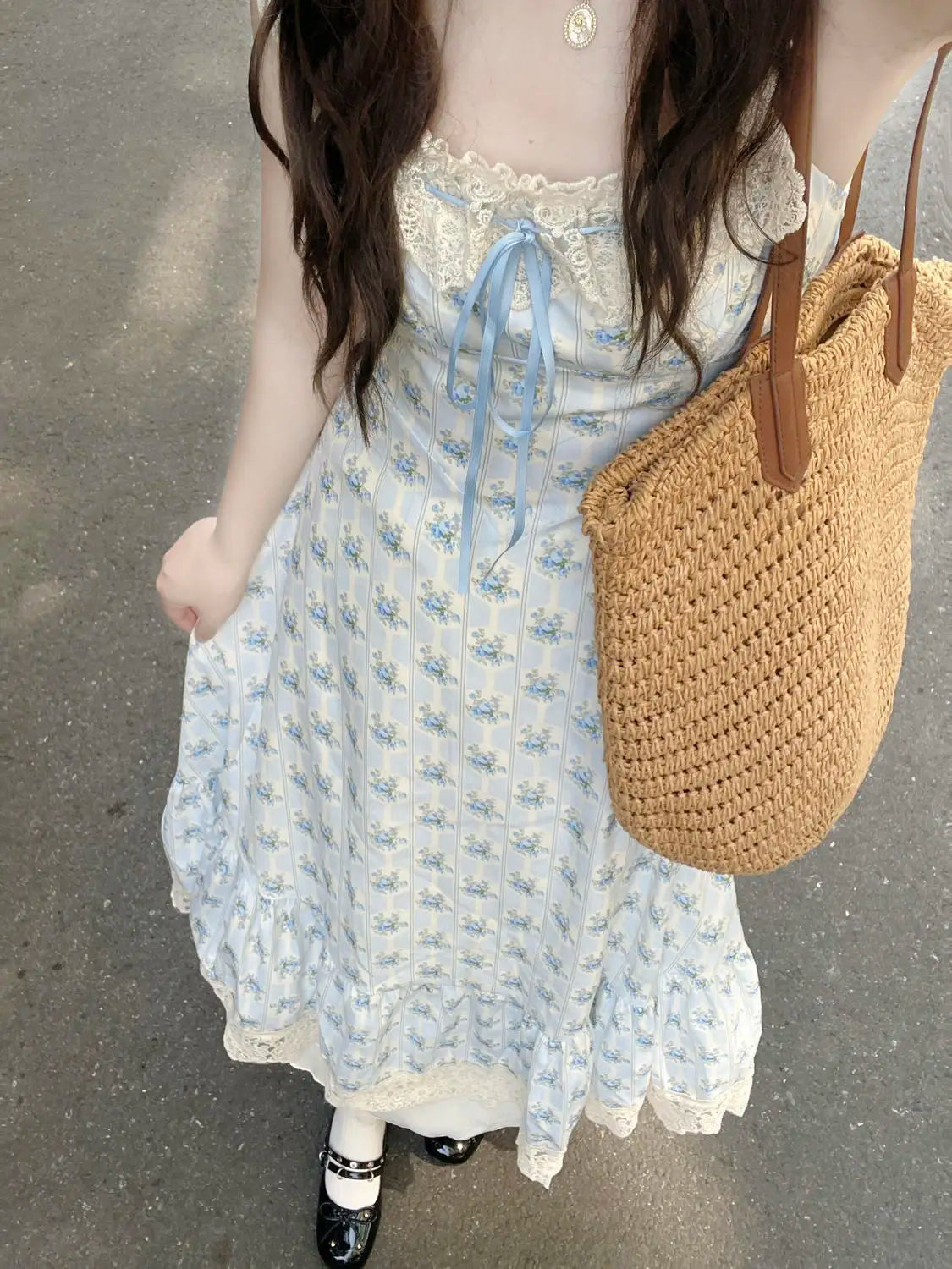 Cyflymder  Boutique Floral Sundress Lace Trimmed Overalls with Butterfly Sash Ethereal Sweet Maxi Dress Summer 2025