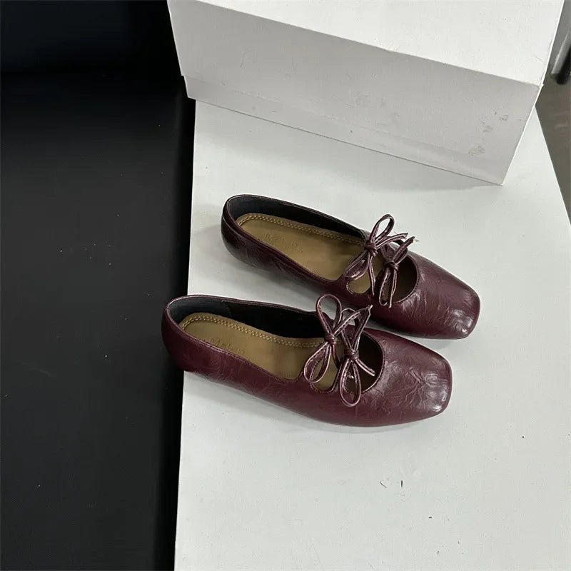 Cyflymder  Korean Style Flat Bottom Butterfly Knot Single Shoes Women's Silver Mary Janes Low Heel Square Toe Synthetic Inner Slip-On Shoes