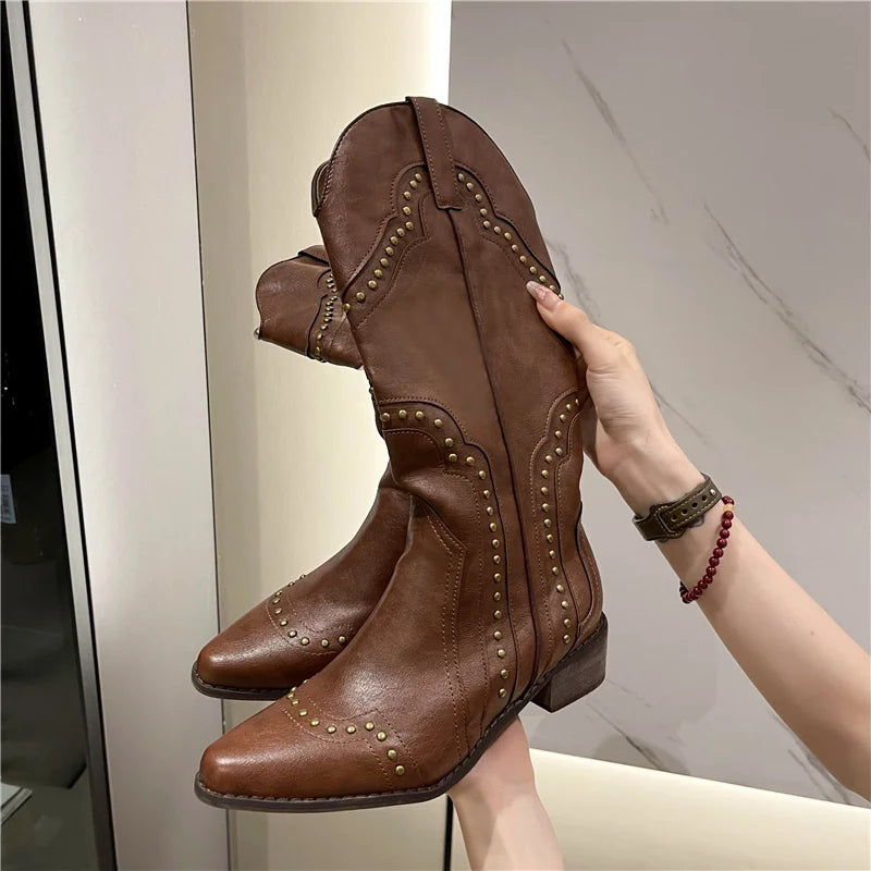 Cyflymder Studded Boots Women Low Heel Cowboy Chelsea Western Short Leather Knee High Luxury Designer Gothic New Rock Shoes Vintage