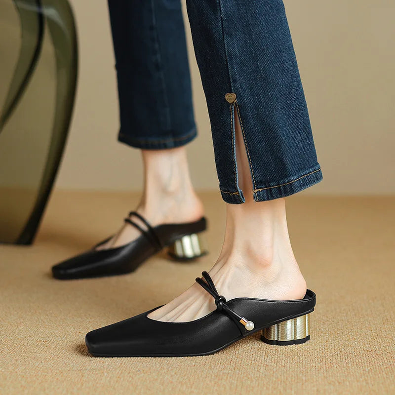 Cyflymder  Slippers Women Summer Shoes Low Slides Cover Toe Med Soft Square Rome Fabric Rubber Hoof Heels PU Shoes Woman 2025 Slippers Soft
