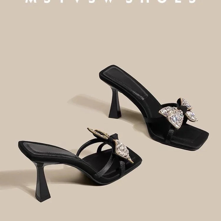 Cyflymder  Fashion Bowknot Luxury High Heels Slippers Women Slip on Open Toe Summer Slippers Woman Stiletto Heels Party Shoes 54989