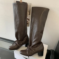 Cyflymder  Soft Leather Lace Up Pleated Knee High Boots for Women Round Toe Square Low Heels Long Booties Ladies Autumn Winter Shoe Female