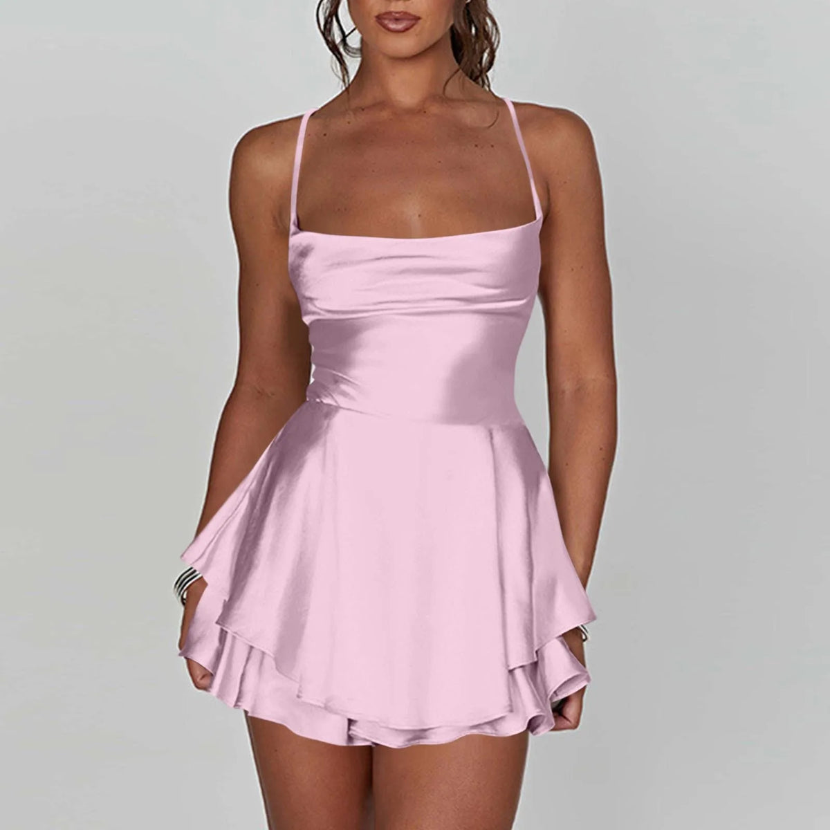 Cyflymder  Ladies' Silk And Satin Elegant Sexy Slim Beautiful Backless Short Dress Cowl Neck Cross Spaghetti Strap Party Pleated Mini Skirt