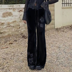 Cyflymder  Euramerican Spice Woemn Star Hot Diamond Print Casual Pants Y2k Spliced Low Waist Drawstring Trousers Harajuku Velvet Flare Pant