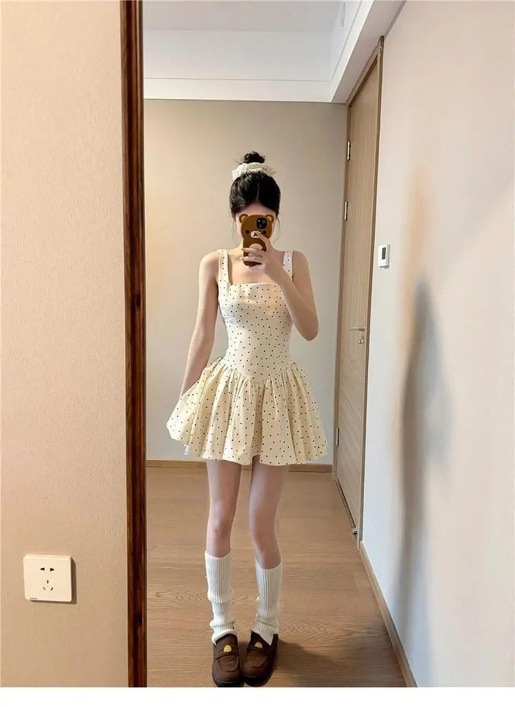 Cyflymder  French Square Neck Polka Dot Sleeveless Dress Women Summer 2025 New Style High-end Temperament Waist Cinching A-line