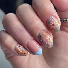 Cyflymder  24Pcs Short Round Head Fake Nails Press on Blue Edge French Design Full Cover Nails Tips Colorful Flower Detachable False Nails