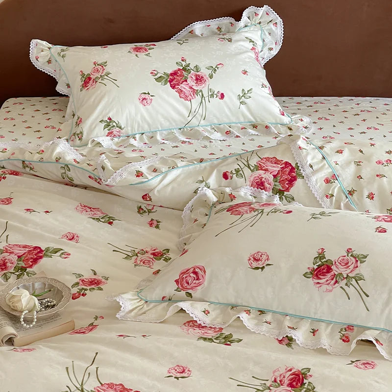 Cyflymder  Rustic Vintage French Rose Floral Ruffles 100% Cotton Bedding Set Duvet Cover Set Flat/Fitted Bed Sheet Pillowcases 4Pcs