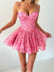 Cyflymder  Women's Sexy Camisole Floral Chiffon Backless Dress For Summer Featuring Elastic Ruched Back For Easy Wear Suitable For Beach