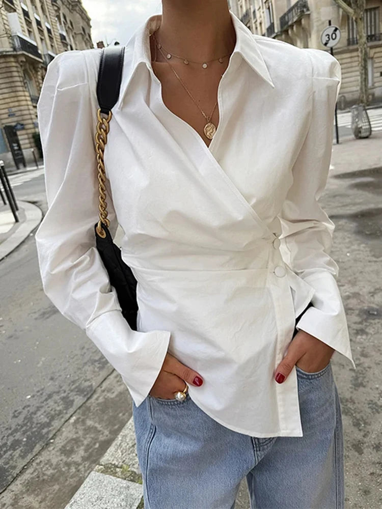 Cyflymder  Women Elegant White Shirt Fashion Long Sleeve Blouse Irregular Office Top with Chic Buttons Slim Fit Ladies Casual Tops