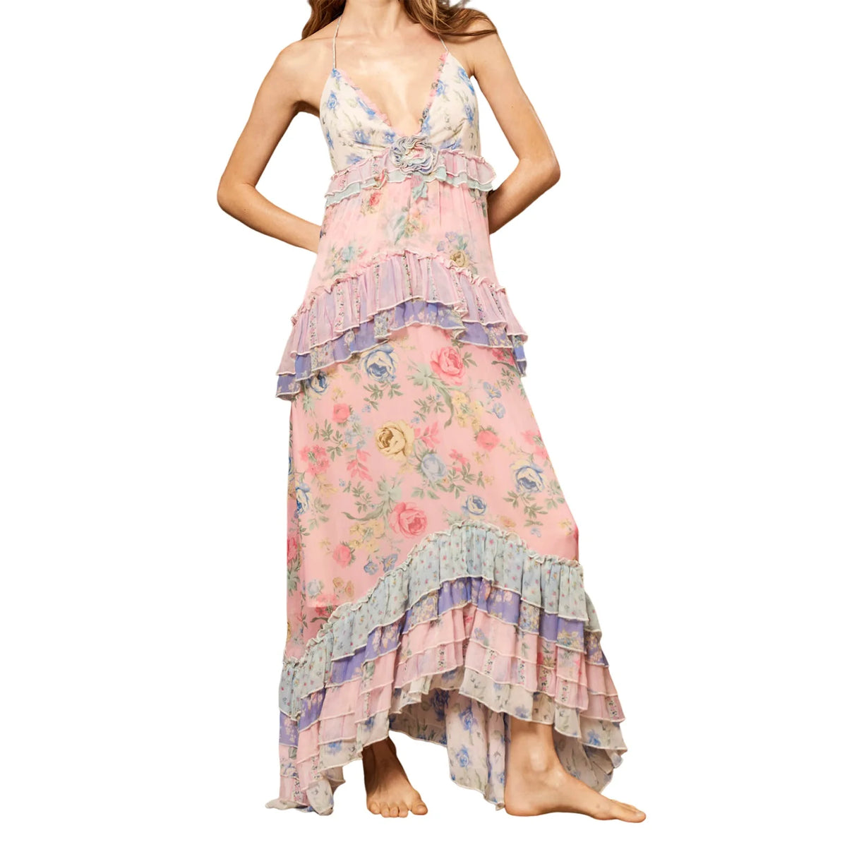 Cyflymder  Women s Floral Halter Dress Stylish Print Multi-Layered Ruffles Backless V Neck A Line Long Dress for Summer