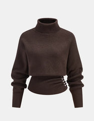 Cyflymder  Y2K Woman's Clothing Brown high-neck knitted sweater A waist-hugging bottom-length sweater Harajuku Side-button knitted Pullover