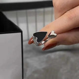 Cyflymder New Trendy Two-color Black Heart Rings For Women Minimalist Aesthetic Drop Of Oil Open Rings Female Metal Punk Party Jewelry