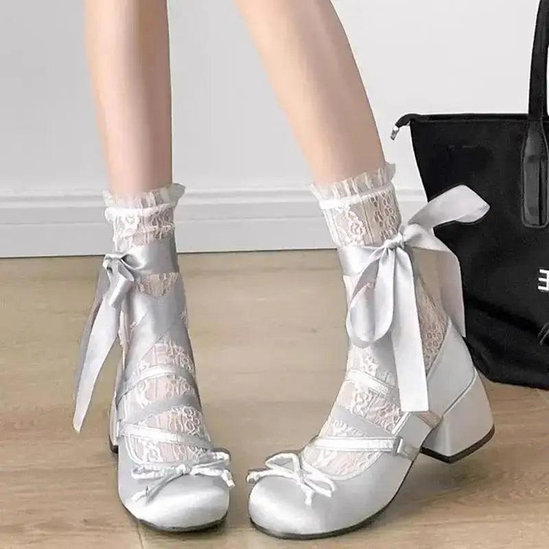 Cyflymder  Lolita Cross Strap Pink Round Toe Shoes Ladies Sweet Butterfly Knot Med Heels Mary Janes Shoes Women Fashion Party Shoes Mujer
