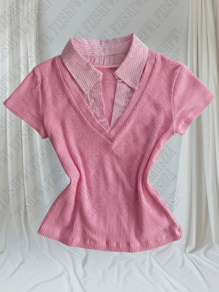 Cyflymder  Stripes Faux twofer top Slim Y2K Women Shirts Fashion Coquette Vintage Tops Sweet Cute Aesthetic Classic Pink V-neck Clothing