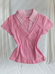 Cyflymder  Stripes Faux twofer top Slim Y2K Women Shirts Fashion Coquette Vintage Tops Sweet Cute Aesthetic Classic Pink V-neck Clothing
