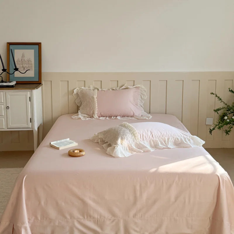 Cyflymder  4Pcs Pink  Lace Ruffles Sweet Girl Bedding Set Pure Cotton Queen King Size Duvet Cover Bed Sheet Or Quilted Bedspread Pillowcase