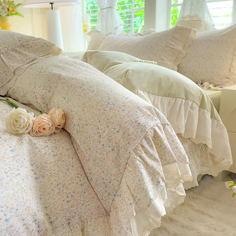 Cyflymder  Korean Princess Style Small Florals Lace Ruffles 600TC Cotton Brushed 4Pcs Bedding Set Duvet Cover Flat/Fitted Sheet Pillowcases