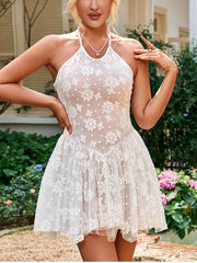 Cyflymder  Women's Halter Backless Lace Mesh Mini Dress Zipper A-line Double Layer Fashion Streetwear Party Short Dresses White