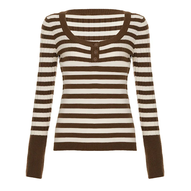 Cyflymder  Sweet Slim Casual U Neck Long Sleeve Striped Contrast Color Pullover Knitted Pullovers