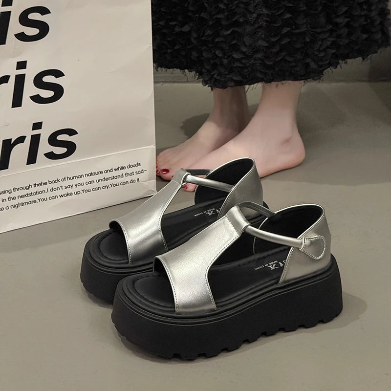 Cyflymder  Summer Chunky Sandals Women's Wedge Heels Slides  Leather Casual Woman Beach Casual Thick Bottom Sandals Silver 245