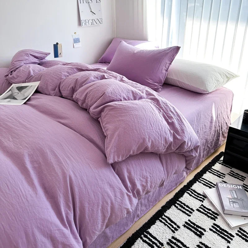 Cyflymder  Bed Linen Solid Cotton Bedding Set with Sheet Duvet Cover Pillowcases Single Couple Bedsheet King Queen Double Twin Size