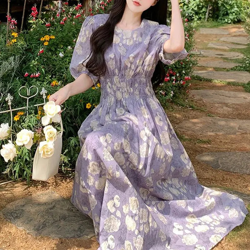Cyflymder  Broken Flowers French Style Dresses Summer Vintage A-Line Waist Women's Clothing O-Neck Printed Stylish Short Sleeve Long Dress