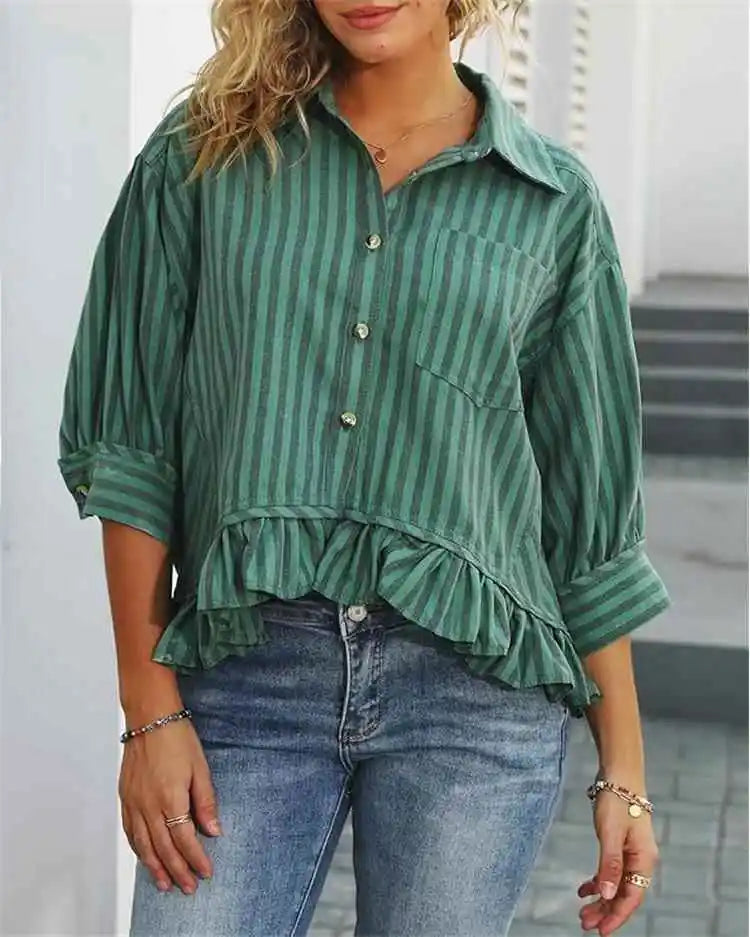 Cyflymder  Casual Stripe irt Women's Summer Top Button down ort Sve Gathered Hem Bubble Sve Polyester Fiber Commute Sleeve