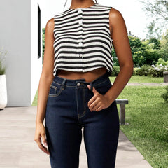 Cyflymder  y2k Knitted Vest Women Summer Striped Round Neck Sleeveless Button Up Sweater Tank Tops 2000s Party Clothes Streetwear