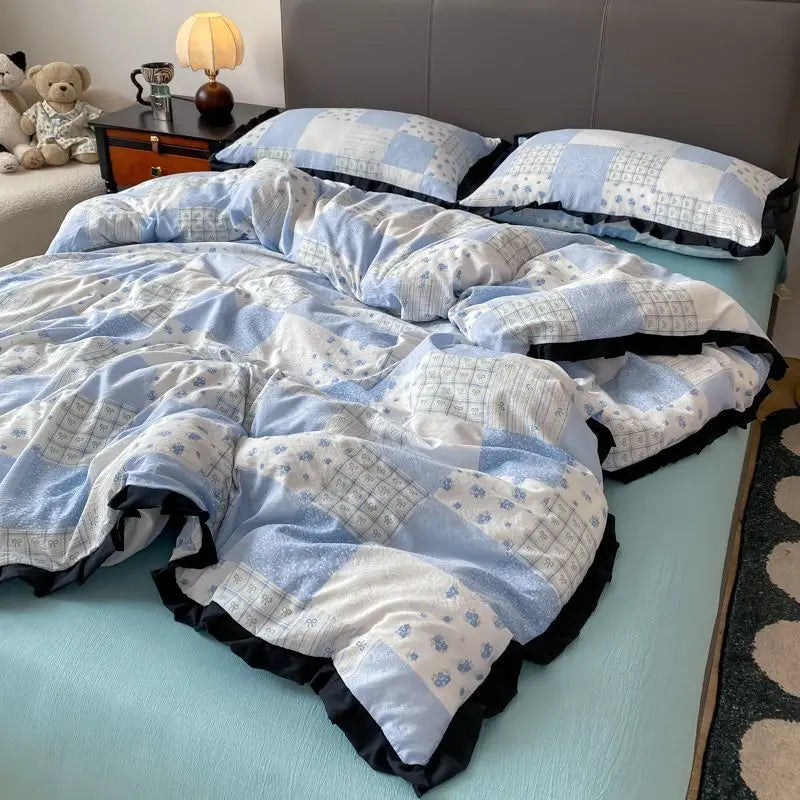 Cyflymder  INS French Style Floral Simple Black Lace Double Layer Gauze Bedding Set Washed Cotton Bed Sheet Fitted Sheet Fresh Quilt Cover