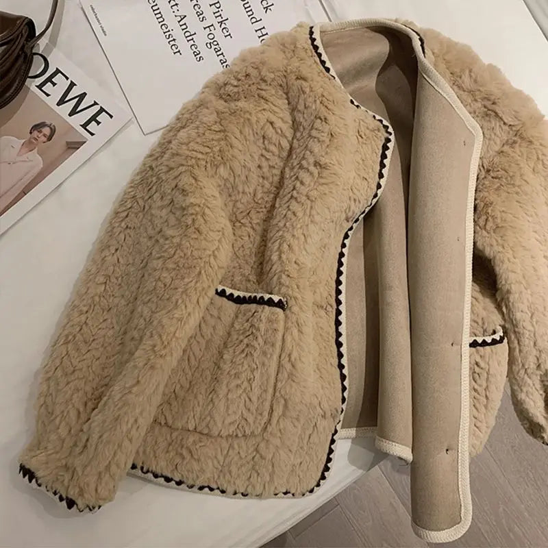 Cyflymder  Lamb's Wool Jacket Women Faux Fur Jacket Trends Design Short Tops Autumn Winter New Loose Plush Top Long Sleeve Single-breasted