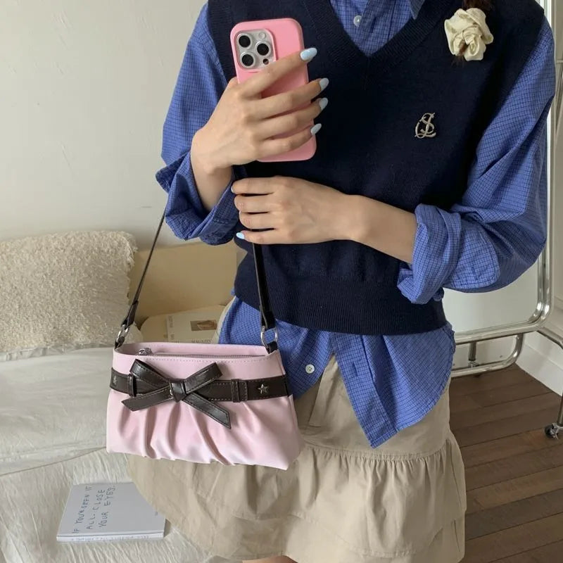 Cyflymder  Korean Hot Girl Bow Studded Handbag Women Simple Design Sweet Shoulder Bag Ladies Elegant Fashion Underarm Purse Y2k Aesthetic
