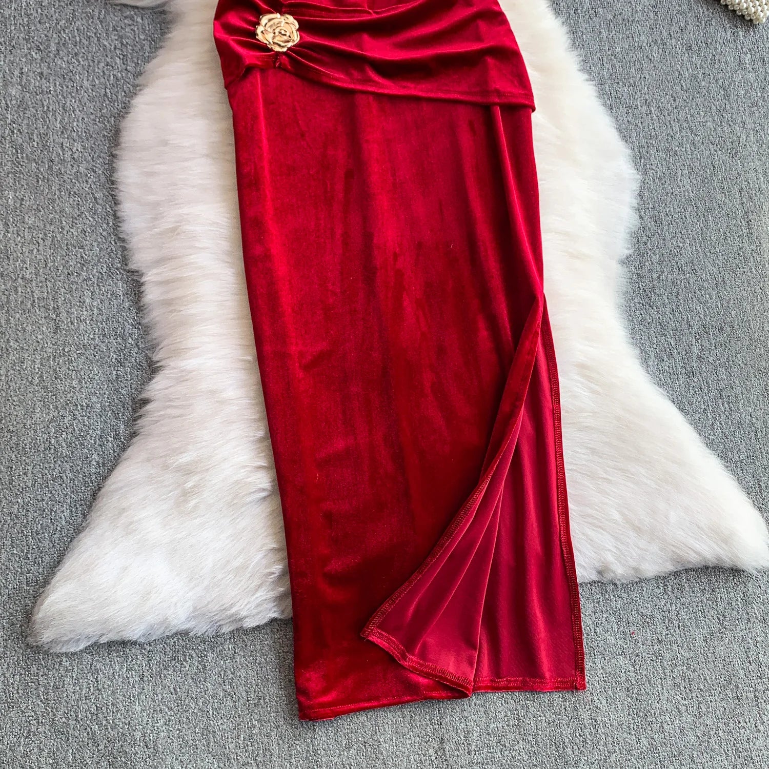 Cyflymder  Ele Velvet V-Ne Metal Flower Print Wrap Dr Women's Faion Autumn Long Dr High Waist A-Line Skirt No Sve