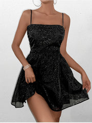 Cyflymder  Women's Sexy Backless Tie Up Sequin Cami Mini Dress Sleeveless Double Layer Mesh Fashion Club Party Short Dresses Black