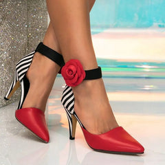Cyflymder  Big size 42 pointy toe red flower ankle strap sandals elegant, high heels, summer party sandals women, dress shoes