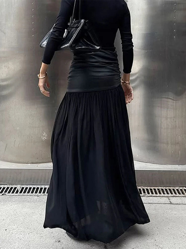 Cyflymder  PU Leather Patchwork Side Split Skirt Women Slim High Waist Pleated Fashion Party Skirts 2025 Summer Autumn Straight Street