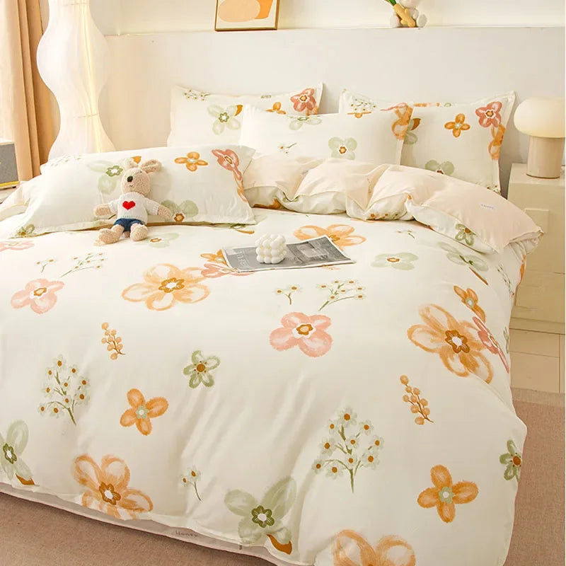 Cyflymder  Ins Style Plant Printed Skin Friendly Cotton Bed Sets 4Pcs Soft Cozy Duvet Cover Set for All Seasons King Queen Textile Supplies