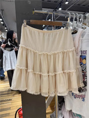 Cyflymder  Jacquard Mesh Polka Dot Knee Length Skirts Woman Elastic Waist Ruffles A-line Short Faldas Sweet Preppy Style Beige Skirt Y2K
