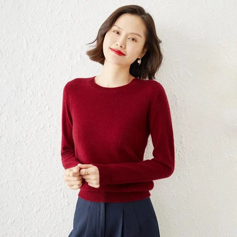 Cyflymder Sweaters Round Neck Pullover Women Keep Warm Long Sleeves Solid Color Bottoming Shirt Autumn Winter Cashmere Commuting Style