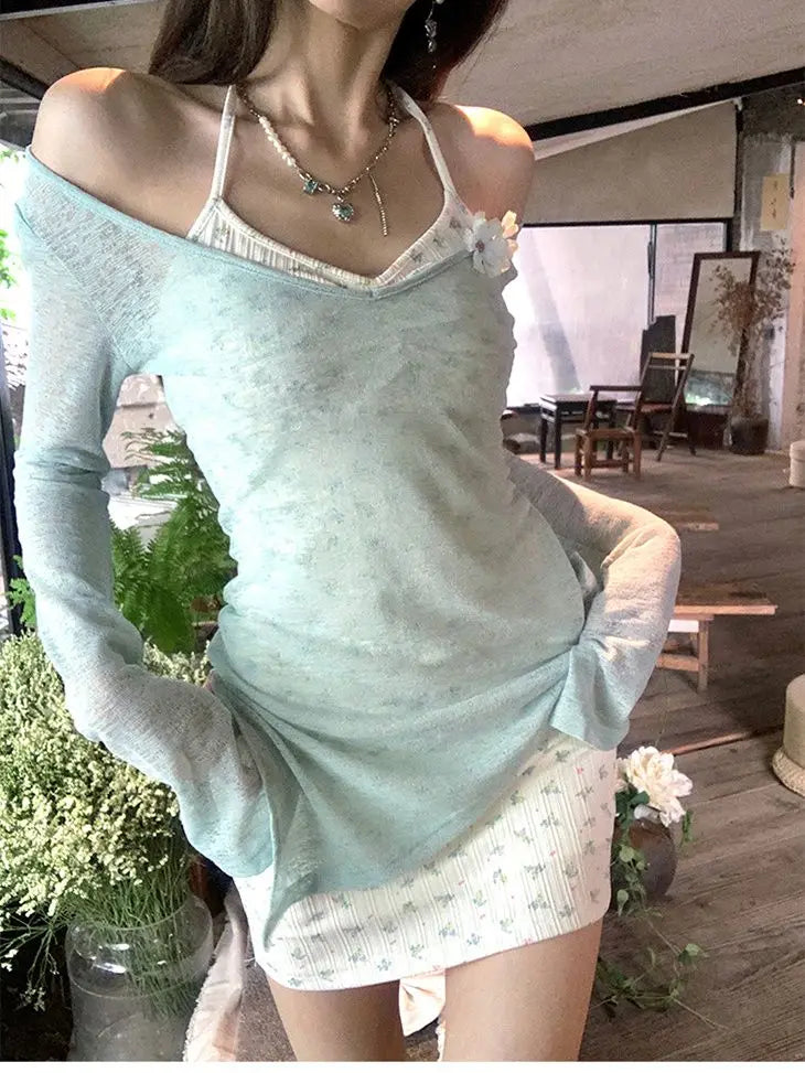 Cyflymder  Summer Suit for Women Waist-hugging Short Printed Suspender Dress Thin + Long-sleeved Shirt Two-piece Set