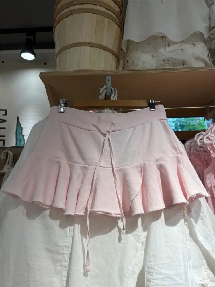 Cyflymder  Sweet Pink Lace-up Ballet Skirt Woman Spring Casual Elastic Waist Cotton Sports Skirts Cute All-match A-line Short Faldas New