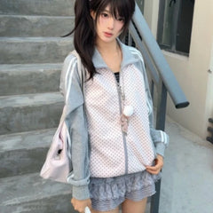Cyflymder  Japanese Y2k Aesthetic Hooded Coats Women Gothic Contrast Color Casual Loose Polka Dot Jackets Harajuku Autumn Zipper Overcoat