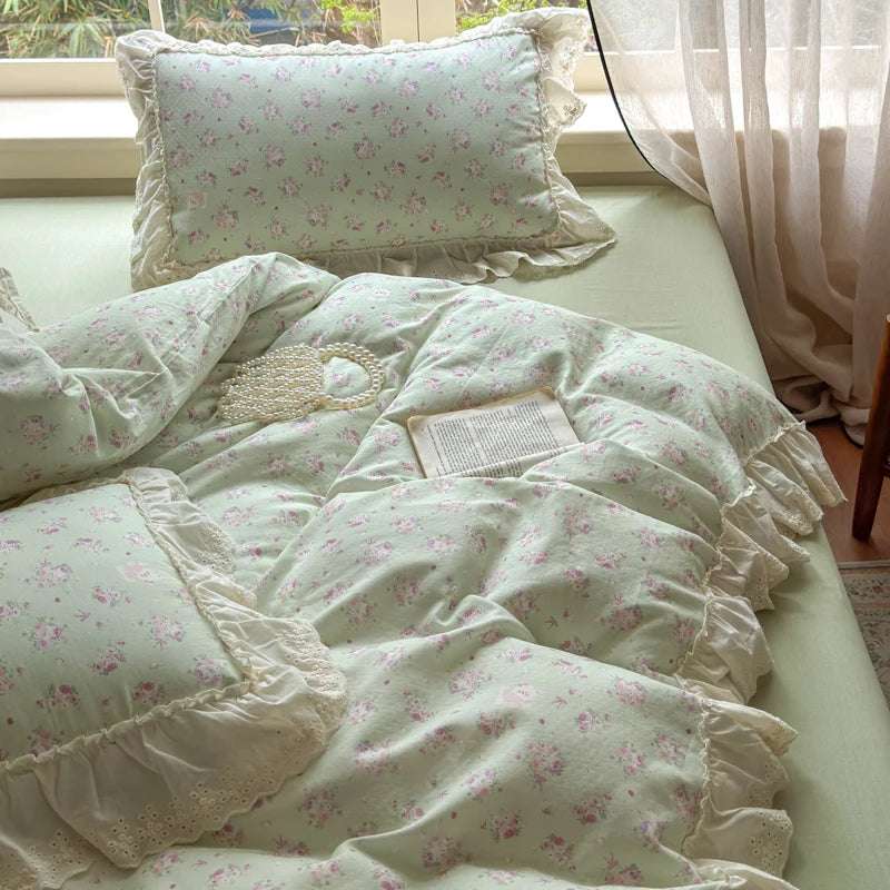 Cyflymder  Korean Princess Style Floral Lace Ruffles Bedding Set 100% Cotton Double Yarn Duvet Cover Flat/Fitted Bed Sheet Pillowcases 4Pcs
