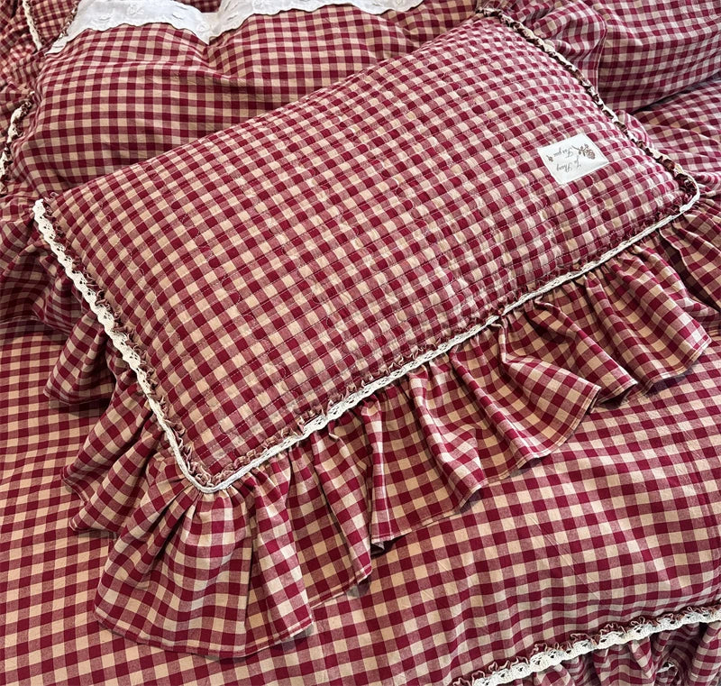 Cyflymder  100% Cotton yarn-dyed Plaid Washed Cotton Ruffles Korean Princess Bedding Set Duvet Cover Quilted Bedspread Pillowcases 4Pcs