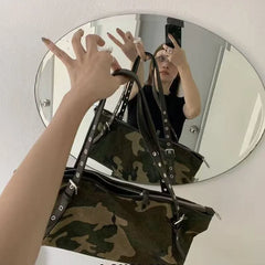 Cyflymder  Vintage Camouflage Boston Bag Women Commuter Casual Large Capacity Shoulder Bags Ladies Fashion Durable Versatile Crossbody Bag