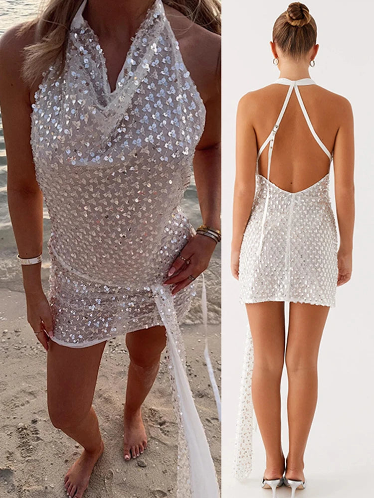 Cyflymder  Glitter Sequin Halter Backless Dress Women Sexy Sleeveless Lace Up See Through Ribbon Party Dresses Fashion Ladies Beachwear New