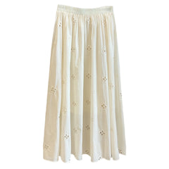 Cyflymder  New Style White Elegant Embroidered Hollow Floral Midi Long Skirt for Women, High Waist Dress