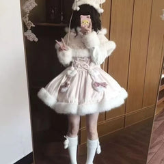 Cyflymder  Japanese Sweet Lolita Style 2 Piece Set Women Kawai Bow Bunny Hooded Cloak Coat Pink Plush Party Mini Dress Korean Y2k Cute Suit