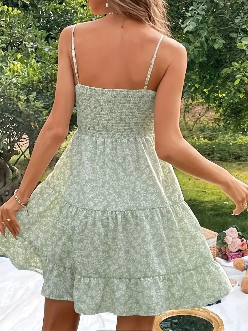 Cyflymder  French Floral Dress for Women's Summer Elegant Ruffle Hem A-line Strap Dress Fashion Female Clothes